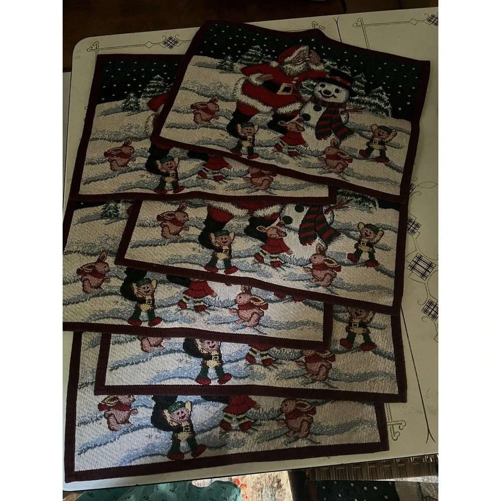 Christmas Table Runner & 6 Place Mat Set Tapestry Winter Scene Santa Snowman